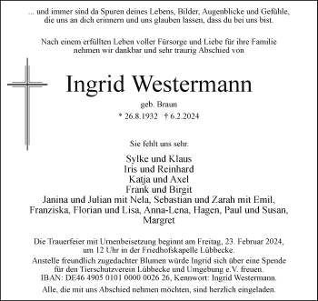 Traueranzeige von Ingrid Westermann von Westfalen Blatt