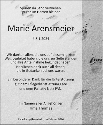 Traueranzeige von Marie Arensmeier von Westfalen Blatt