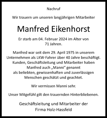 Traueranzeige von Manfred Eikenhorst von Westfalen Blatt