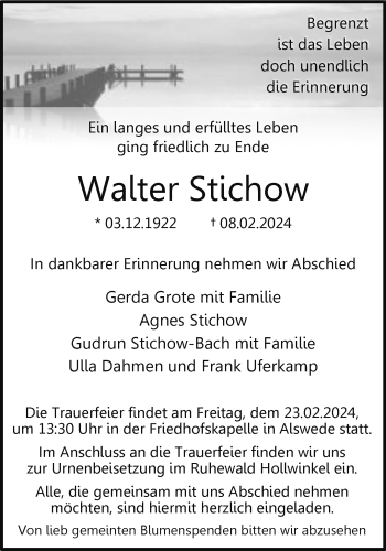 Traueranzeige von Walter Stichow von Westfalen Blatt