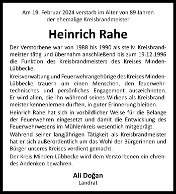 Traueranzeige von Heinrich Rahe von Westfalen Blatt