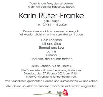 Traueranzeige von Karin Rüter-Franke von Westfalen Blatt