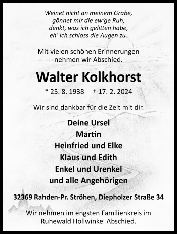 Traueranzeige von Walter Kolkhorst von Westfalen Blatt