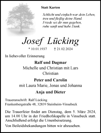 Traueranzeige von Josef Lücking von Westfalen Blatt