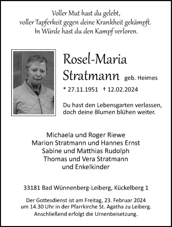 Traueranzeige von Rosel-Maria Stratmann von Westfalen Blatt