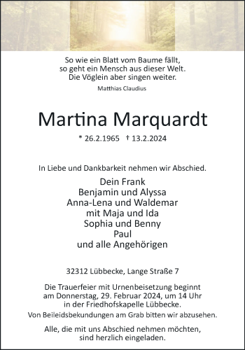 Traueranzeige von Martina Marquardt von Westfalen Blatt