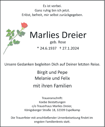 Traueranzeige von Marlies Dreier von Westfalen Blatt