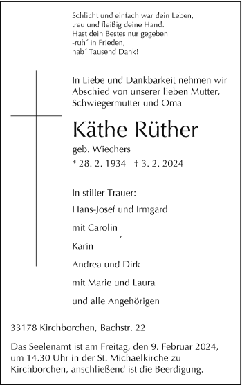 Traueranzeige von Käthe Rüther von Westfalen Blatt