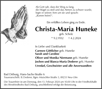 Traueranzeige von Christa-Maria Huneke von Westfalen Blatt