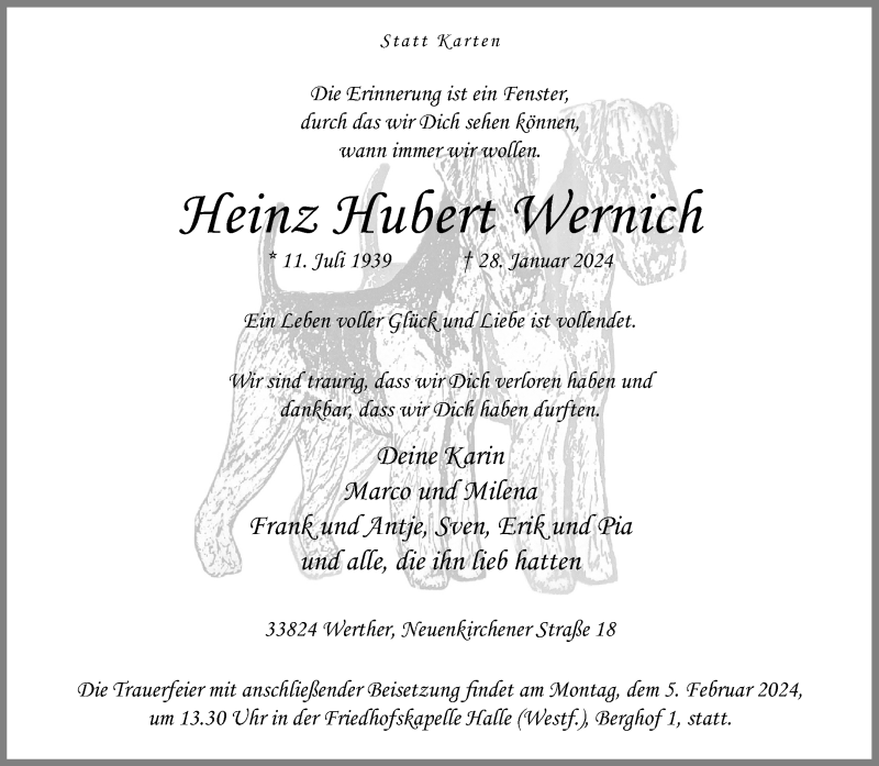  Traueranzeige für Heinz Hubert Wernich vom 01.02.2024 aus Westfalen Blatt