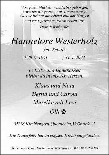 Traueranzeige von Hannelore Westerholz von Westfalen Blatt