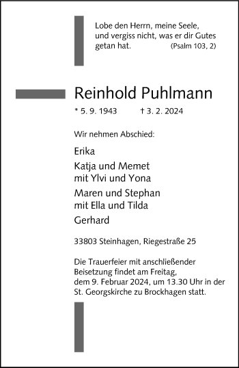 Traueranzeige von Reinhold Puhlmann von Westfalen Blatt