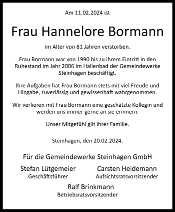 Traueranzeige von Hannelore Bormann von Westfalen Blatt