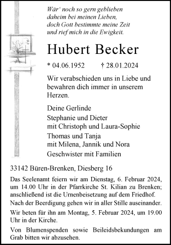 Traueranzeige von Hubert Becker von Westfalen Blatt