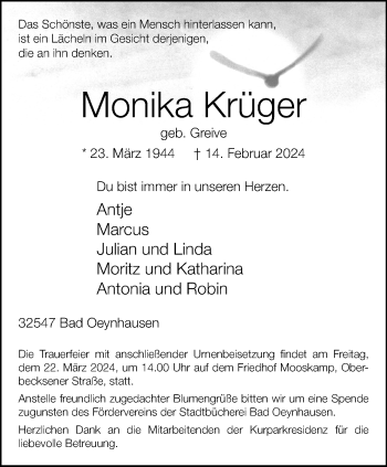 Traueranzeige von Monika Krüger von Westfalen Blatt