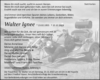 Traueranzeige von Walter Ignee von Westfalen Blatt