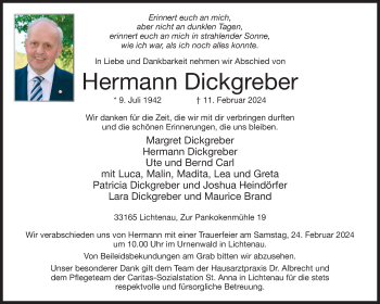 Traueranzeige von Hermann Dickgreber von Westfalen Blatt