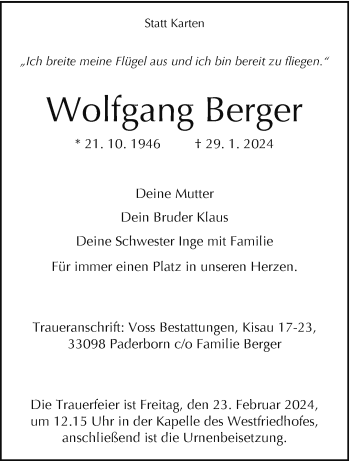 Traueranzeige von Wolfgang Berger von Westfalen Blatt