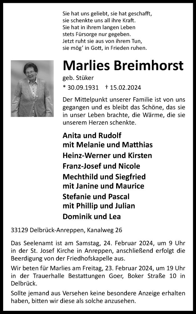  Traueranzeige für Marlies Breimhorst vom 21.02.2024 aus Westfalen Blatt