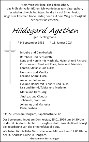 Traueranzeige von Hildegard Agethen von Westfalen Blatt