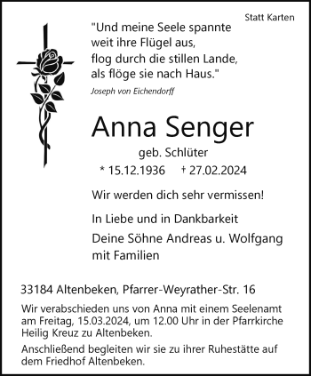 Traueranzeige von Anna Senger von Westfalen Blatt