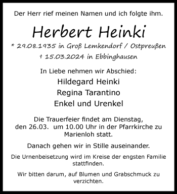 Traueranzeige von Herbert Heinki von Westfalen Blatt