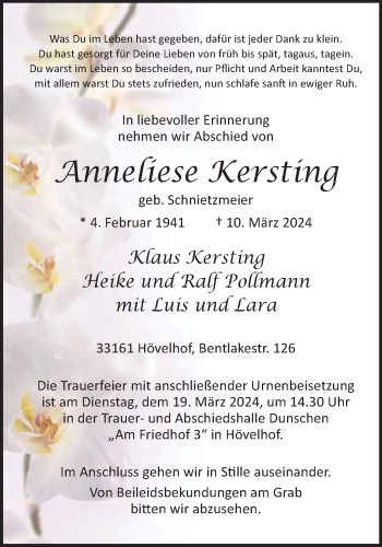 Traueranzeige von Anneliese Kersting von Westfalen Blatt