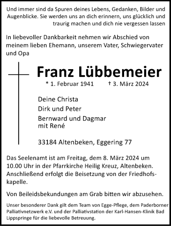 Traueranzeige von Franz Lübbemeier von Westfalen Blatt