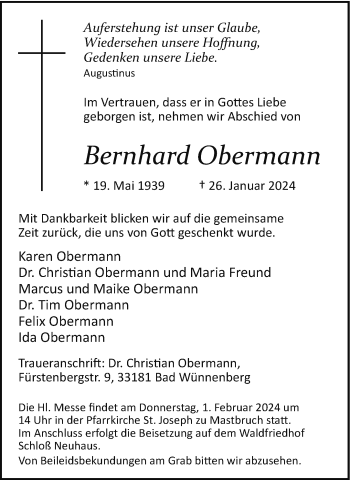 Traueranzeige von Bernhard Obermann von Westfalen Blatt