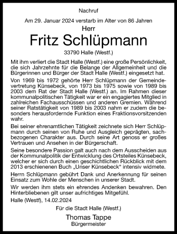 Traueranzeige von Fritz Schlüpmann von Westfalen Blatt