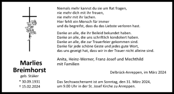 Traueranzeige von Marlies Breimhorst von Westfalen Blatt