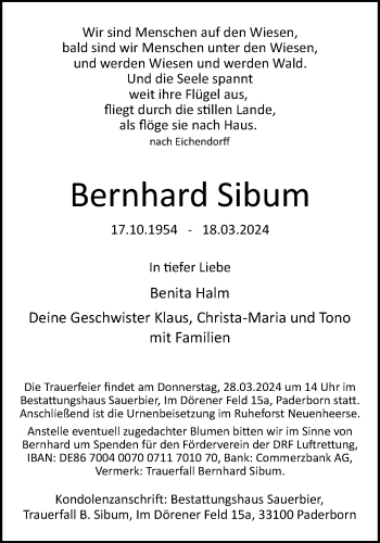 Traueranzeige von Bernhard Sibum von Westfalen Blatt