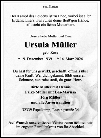 Traueranzeige von Ursula Müller von Westfalen Blatt