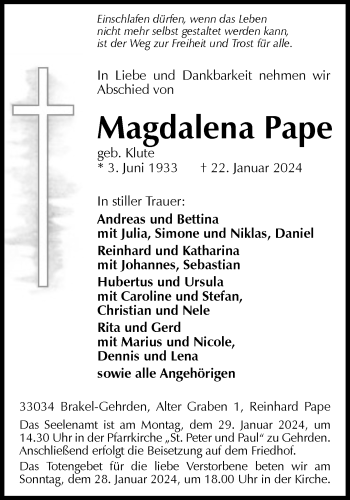 Traueranzeige von Magdalena Pape von Westfalen Blatt