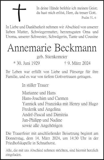 Traueranzeige von Annemarie Beckmann von Westfalen Blatt