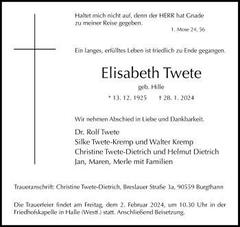 Traueranzeige von Elisabeth Twete von Westfalen Blatt