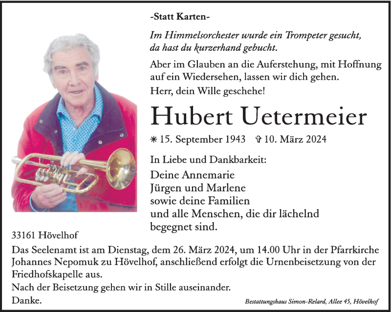  Traueranzeige für Hubert Uetermeier vom 20.03.2024 aus Westfalen Blatt