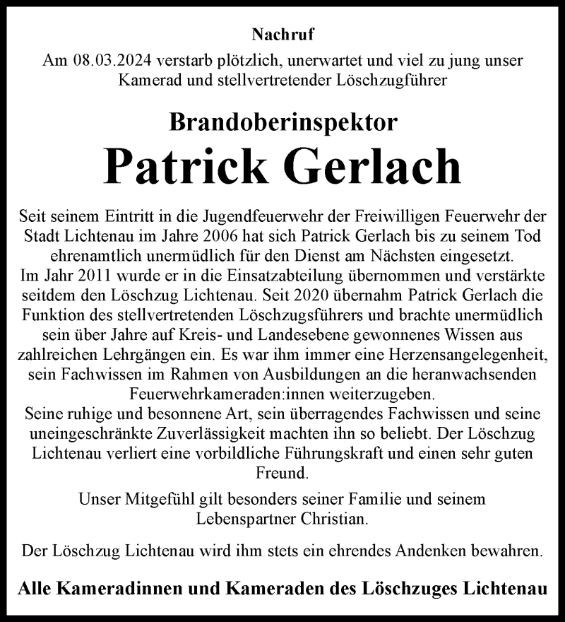  Traueranzeige für Patrick Gerlach vom 16.03.2024 aus Westfalen Blatt