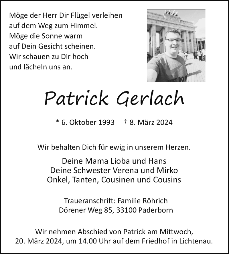  Traueranzeige für Patrick Gerlach vom 16.03.2024 aus Westfalen Blatt