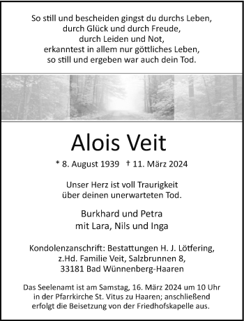 Traueranzeige von Alois Veit von Westfalen Blatt