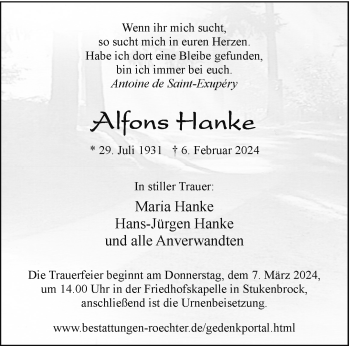 Traueranzeige von Alfons Hanke von Westfalen Blatt