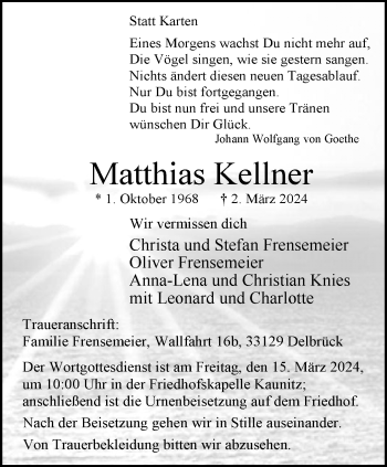 Traueranzeige von Matthias Kellner von Westfalen Blatt