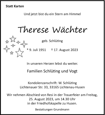 Traueranzeige von Therese Wächter von Westfalen Blatt