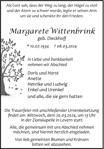 Traueranzeige von Margarete Wittenbrink von Westfalen Blatt