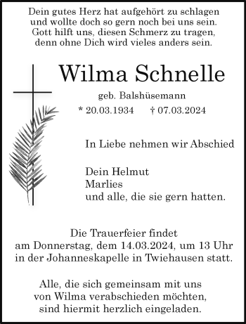 Traueranzeige von Wilma Schnelle von Westfalen Blatt