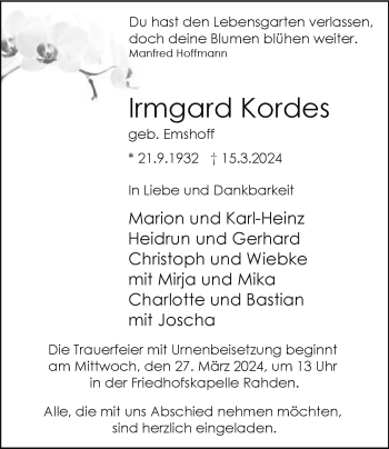 Traueranzeige von Irmgard Kordes von Westfalen Blatt