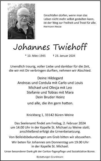 Traueranzeige von Johannes Twiehoff von Westfalen Blatt