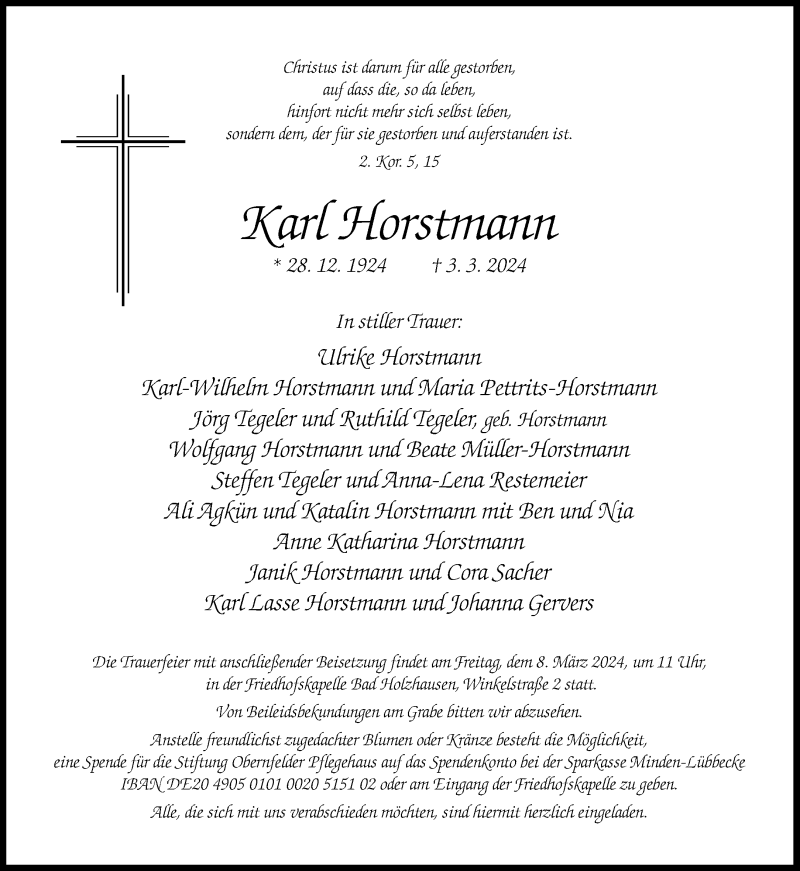  Traueranzeige für Karl Horstmann vom 05.03.2024 aus Westfalen Blatt