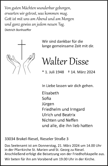 Traueranzeige von Walter Disse von Westfalen Blatt