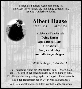 Traueranzeige von Albert Haase von Westfalen Blatt